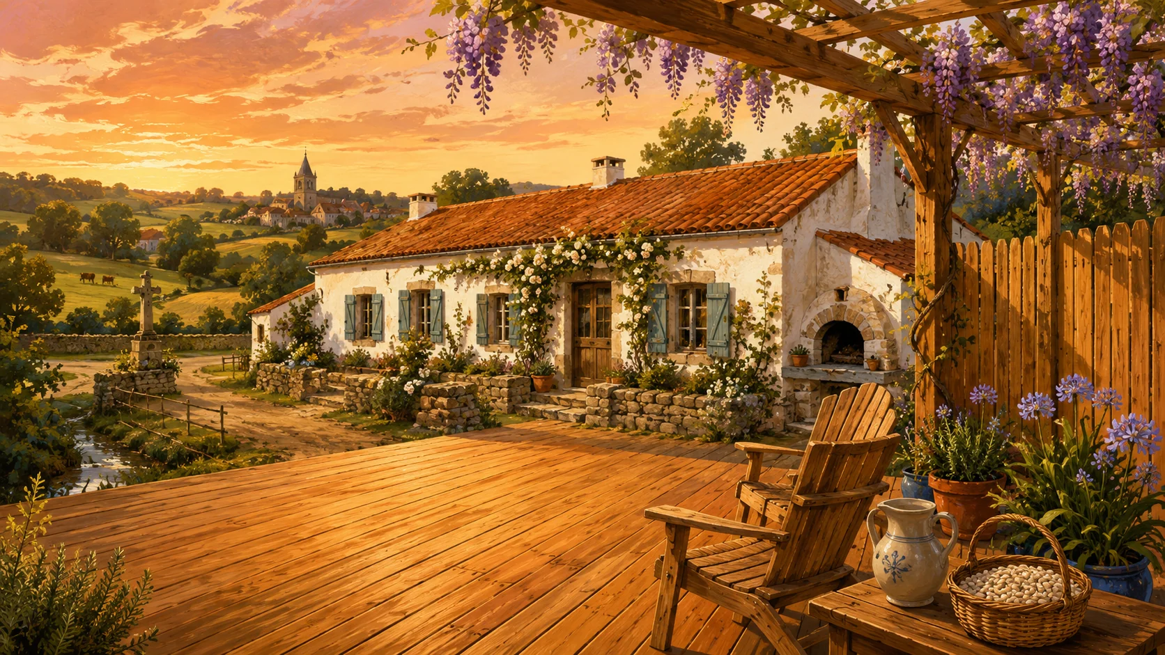 Illustration paysagère du dépôt avec terrasse en bois et clôture